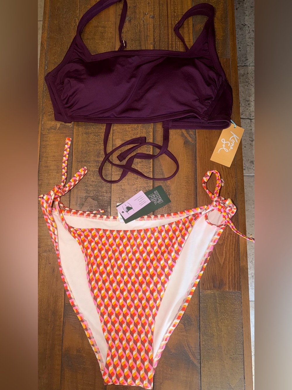 Kona Sol Plum Bikini Top with Pink-Orange-Yellow Geometric Tie-Side Bottom